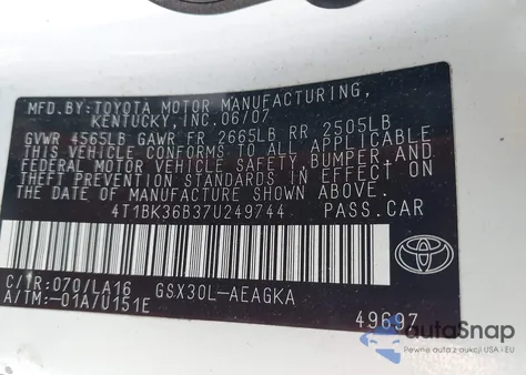 2007 Toyota Avalon Xls из США, поврежденный, VIN 4T1BK36B37U249744